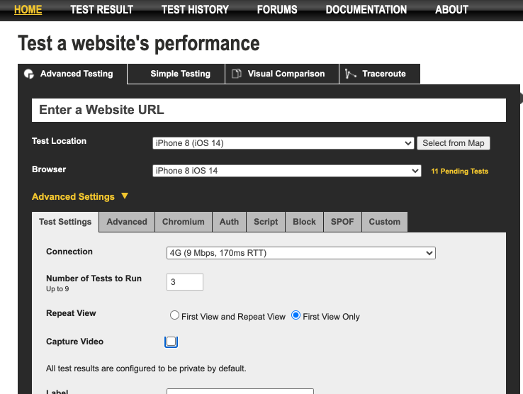 webpagetest - settings