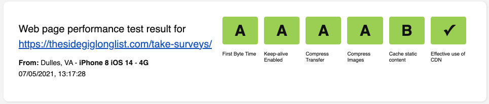 Web Page Performance Score - WebPageTest Mobile